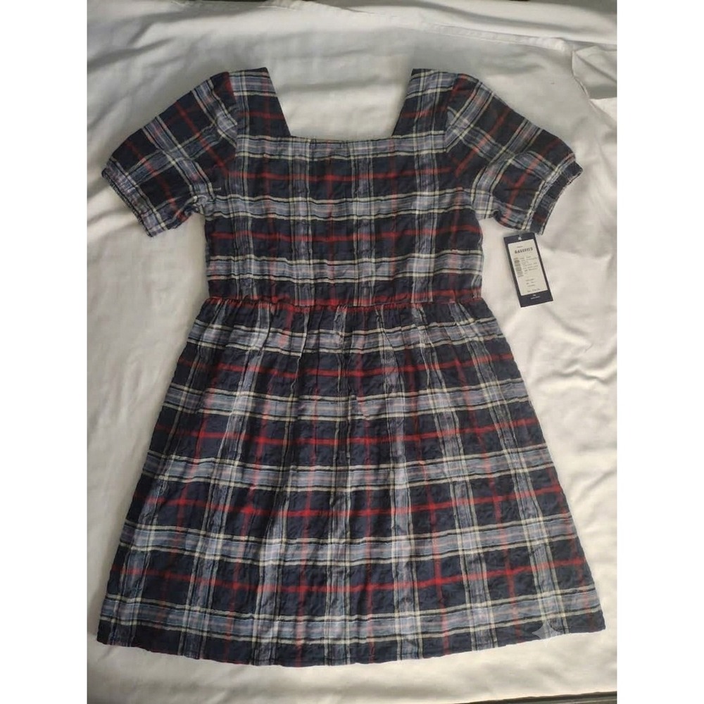 Tommy Hilfiger Girls Plaid Seersucker Dress Navy Red Square Neck Size S 7 NWT